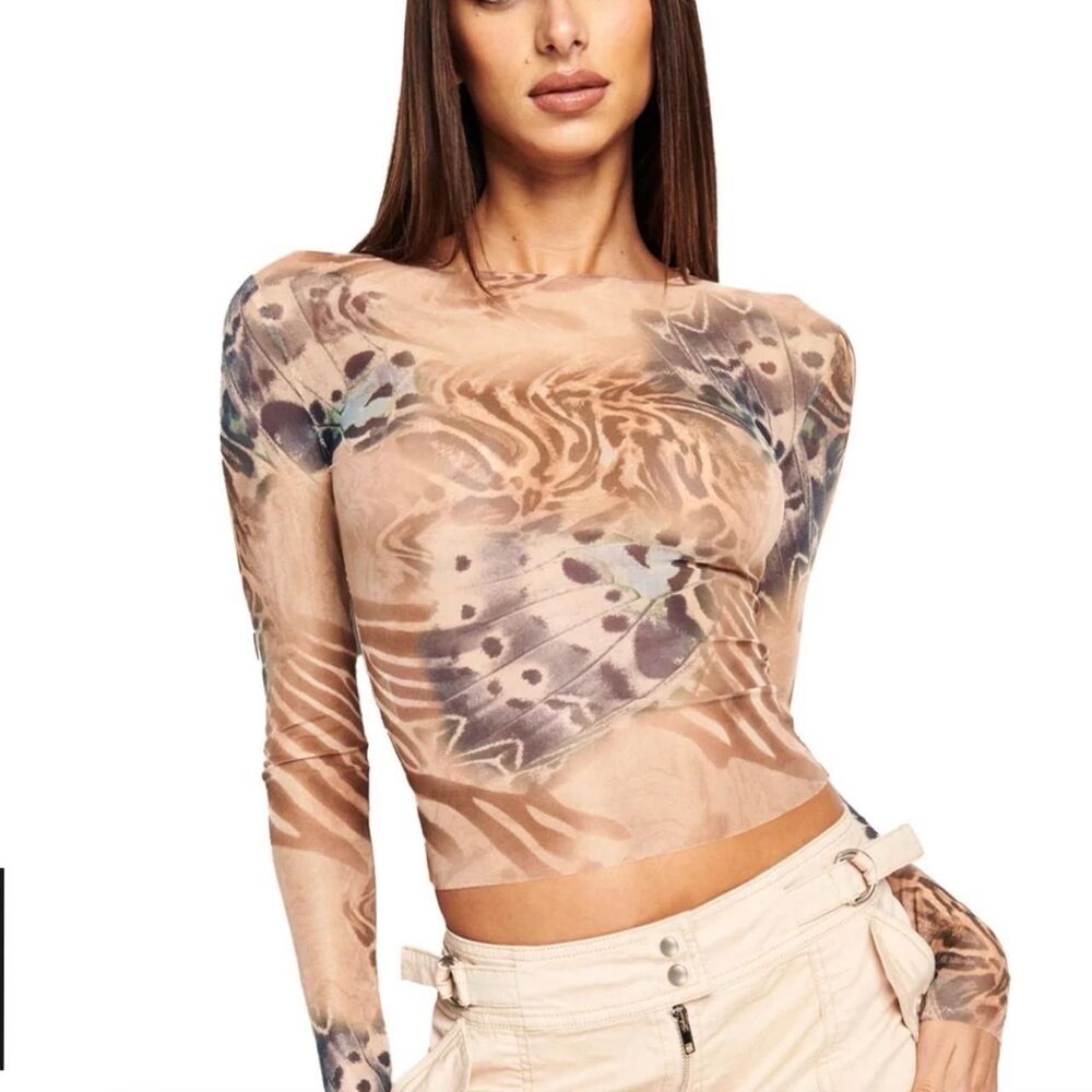 I.AM.GIA Sz XS Izar Mesh Sheer Monarch Print Long Sleeve Crop Top